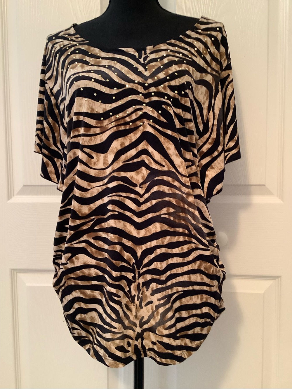 JM Collection Zebra‑Print Short Sleeve Tunic in Black & Tan with Stud Accents